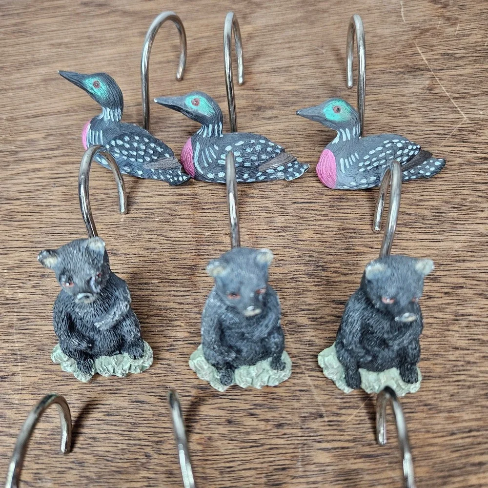 Rustic Lodge Northwoods Shower Curtain‎ Hooks Set 12 Moose Bear Loon Canoe Resin